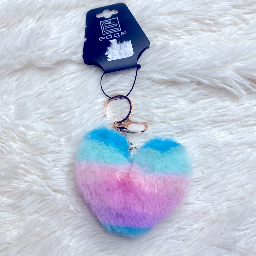 Edge Blue Pink Tye Dye Heart Fluffy Keychain Bag Charm